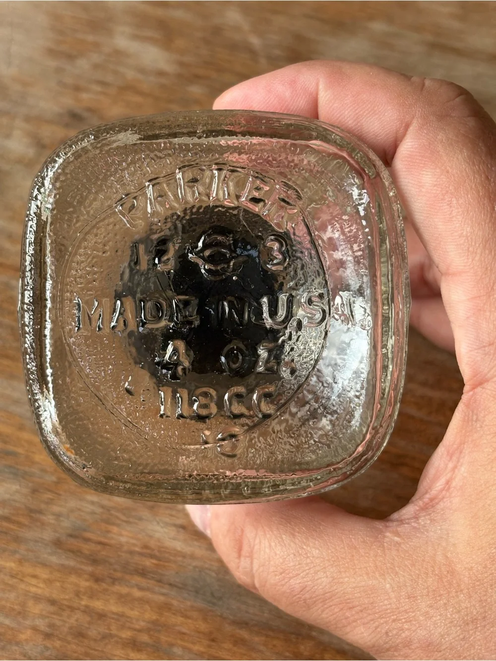 VTG 2 Parker Quink clear glass ink bottles and 1 Art Deco clear glass inkwell